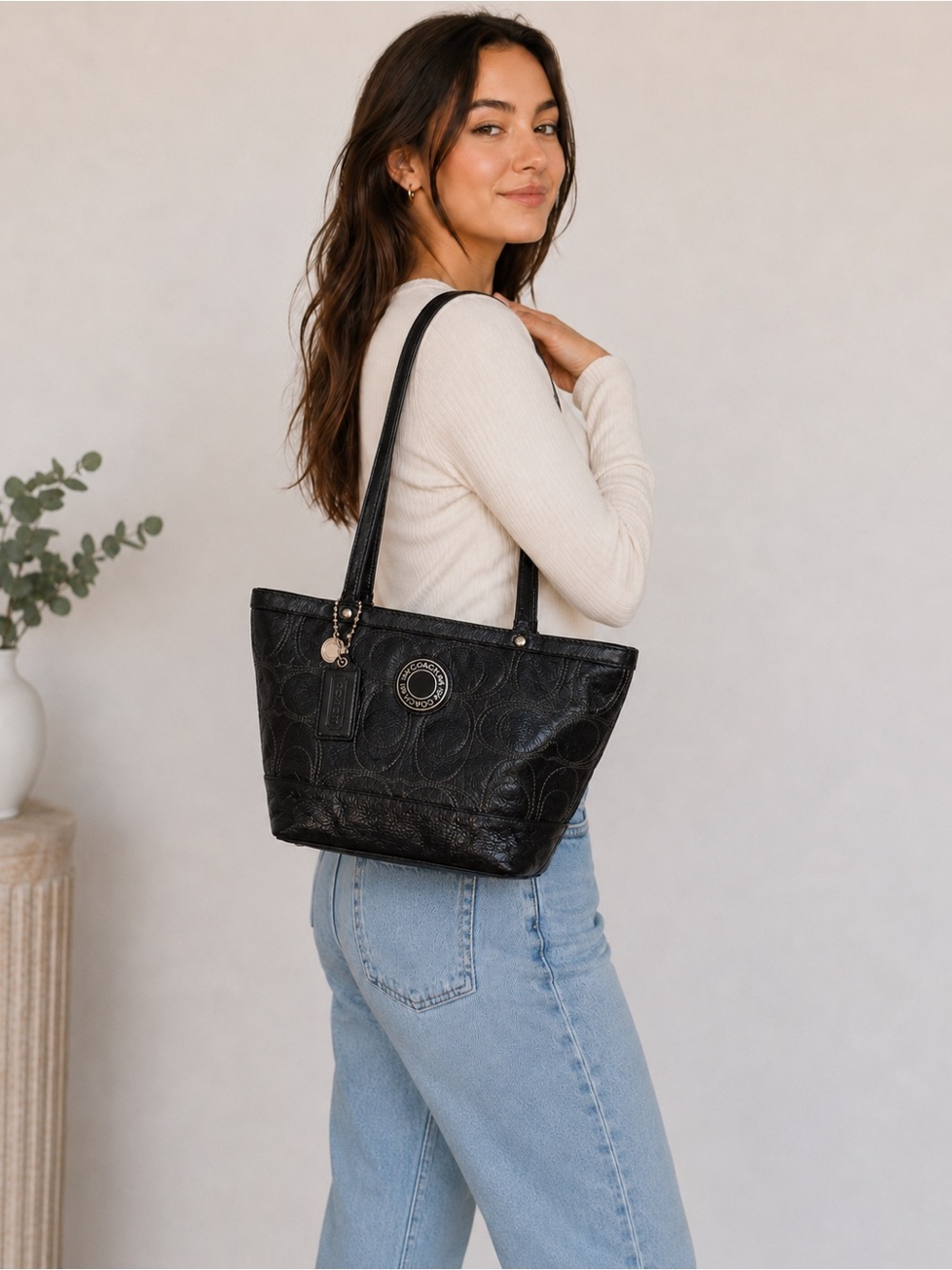Coach F19198 Black Signature Stitched Patent Leather Tote Bag (As Is)